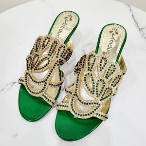 Vintage 90s Green & Gold Blink Stone Heels Shoes US 7
